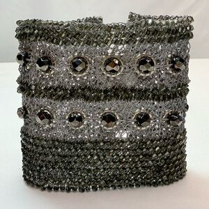 LAVISH Elegant Silver and Black Beaded Mesh Cuff Bracelet by Tricia Milaneze EUC